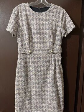 Ann Taylor Tweed Midi Dress in Ivory and Lavender Houndstooth